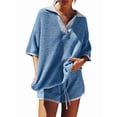 thumbnail image 1 of Womens Sweater Set 2 Piece Outfits Oversized 3/4 Sleeve V Neck Knit Tops High Waisted Shorts Lounge Sets Blue M, 1 of 6