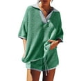 thumbnail image 1 of Womens Sweater Set 2 Piece Outfits Oversized 3/4 Sleeve V Neck Knit Tops High Waisted Shorts Lounge Sets Green S, 1 of 6