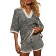 thumbnail image 1 of Womens Sweater Set 2 Piece Outfits Oversized 3/4 Sleeve V Neck Knit Tops High Waisted Shorts Lounge Sets, 1 of 6