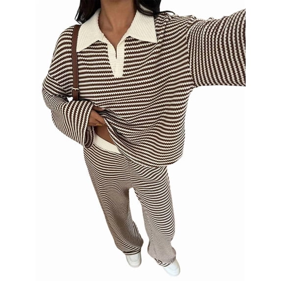 Womens Sweater Set 2 Piece Outfits Striped Long Sleeve Collared Tops Wide Leg Pants Lounge Sets Brown XL