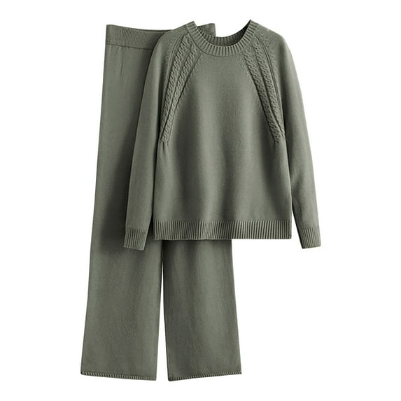 Womens Sweater Set, Hugcore Women's Casual 2 Piece Sweater Pants Set Long Sleeve Tops Wide Leg Pants Sweatsuit Tracksuit Outfit Winter Clothing 2 Piece Sweater Sets and Women Green One Size