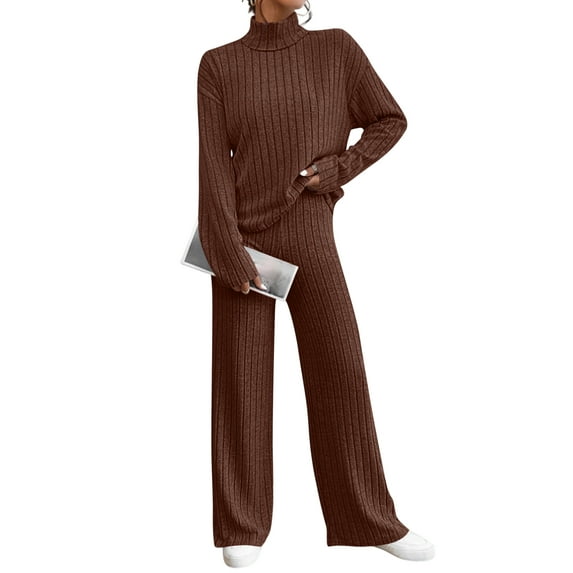 Womens Sweater Sets 2 Piece Outfits Long Sleeve Turtleneck Knit Pullover Sweater Top and Ribbed Wide Leg Pants Coffee L