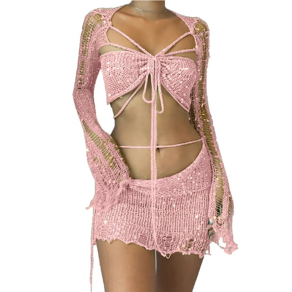 Womens Sweater Sets 3 Piece Knit Long Sleeve V-Neck Crop Top Skirt Set Sexy Hollow Sequins Bandage Tube Top and Short Skirt