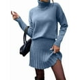 thumbnail image 1 of Womens Sweater Skirt Sets 2 Piece Outfits Ribbed Knit Mock Neck Sweater Pullovers A Line Mini Skirt Set Blue M, 1 of 8