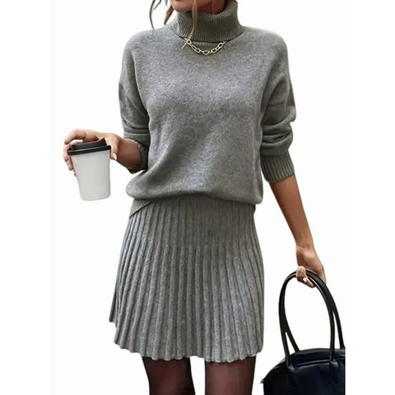Womens Sweater Skirt Sets 2 Piece Outfits Ribbed Knit Mock Neck Sweater Pullovers A Line Mini Skirt Set Gray M