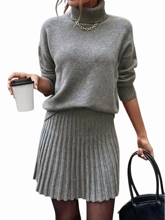 Womens Sweater Skirt Sets 2 Piece Outfits Ribbed Knit Mock Neck Sweater Pullovers A Line Mini Skirt Set Gray S