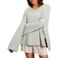 thumbnail image 1 of Womens Sweater Solid Long Flared Sleeve Side Slit Casual Crew Neck Knitted Lightweight Sweaters, 1 of 2