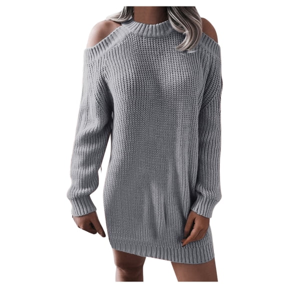 Womens Sweater Solid Off Shoulder Mid-Length Chunky Knit Mini Dress Pullover Tops