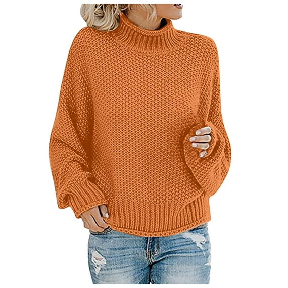 Womens Sweater Solid Oversize Knit Long Sleeve Turtleneck Loose Fit Fall Knitwear