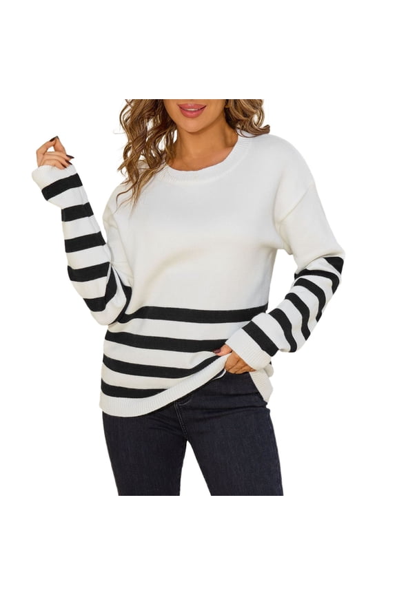 Womens Sweater Stripe Print Patchwork Long Sleeve Crew Neck Knitted Loose Fit Pullover Tops