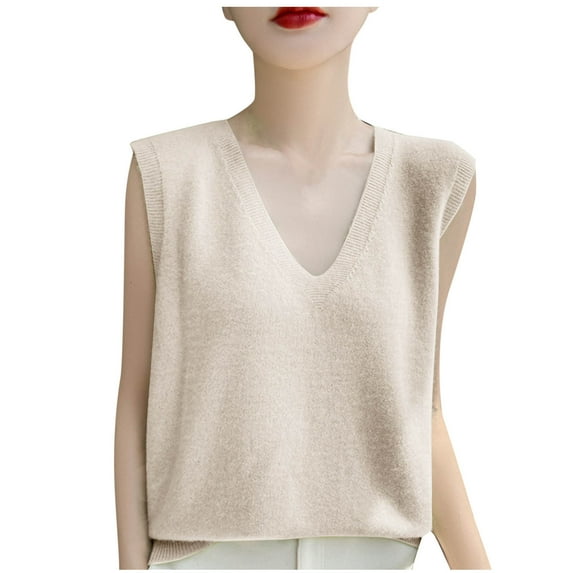 Womens Sweater Tank Tops Cropped, V Neck Knit Vests Sleeveless Pullover Knitwear Tops Casual Trendy Solid Sweaters Vests Sleep Tank Tops for Women Beige M