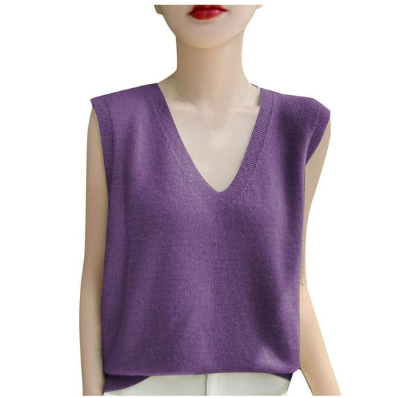 Womens Sweater Tank Tops Cropped, V Neck Knit Vests Sleeveless Pullover Knitwear Tops Casual Trendy Solid Sweaters Vests Womens Plus Size Tank Tops Purple XL