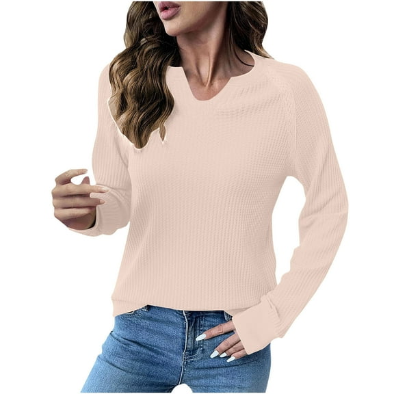 Womens Sweater Tops Knit Long Sleeve Notched V Neck Shirts Casual Trendy Solid Color Loose Blouses Top (L, Beige)