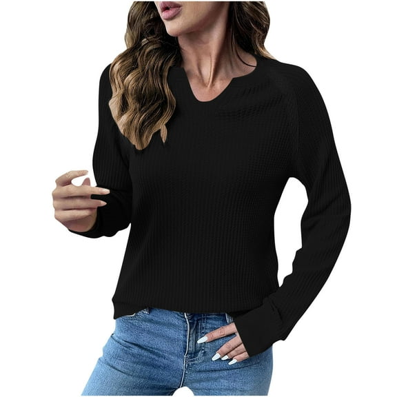 Womens Sweater Tops Knit Long Sleeve Notched V Neck Shirts Casual Trendy Solid Color Loose Blouses Top (M, Black)
