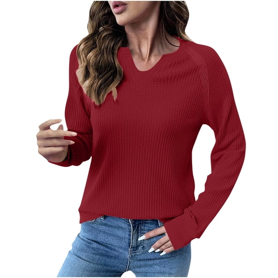 Womens Sweater Tops Knit Long Sleeve Notched V Neck Shirts Casual Trendy Solid Color Loose Blouses Top (M, Red)