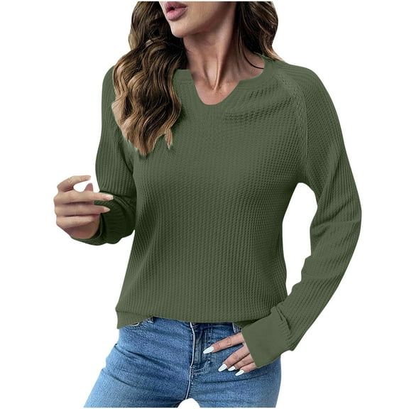 Womens Sweater Tops Knit Long Sleeve Notched V Neck Shirts Casual Trendy Solid Color Loose Blouses Top (S, Army Green)