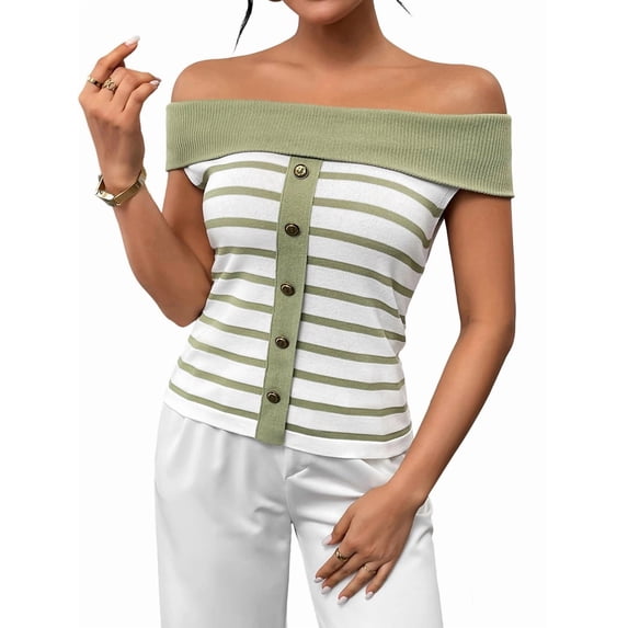 Womens Sweater Tops Summer Off Shoulder Sweaters Boat Neck Sleeveless Relaxed Fit Knitted Pullover Top Green M