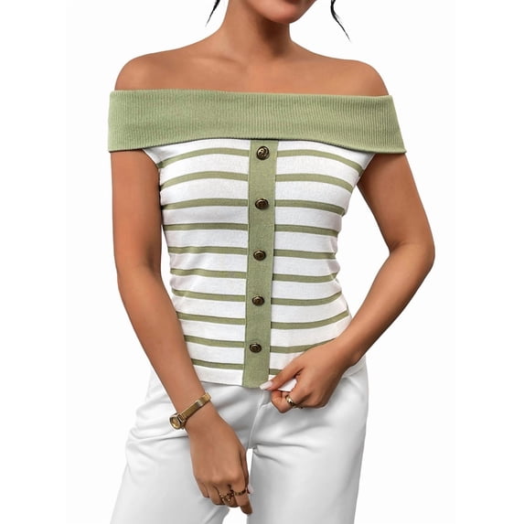 Womens Sweater Tops Summer Off Shoulder Sweaters Boat Neck Sleeveless Relaxed Fit Knitted Pullover Top Green S