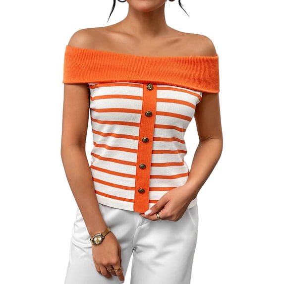 Womens Sweater Tops Summer Off Shoulder Sweaters Boat Neck Sleeveless Relaxed Fit Knitted Pullover Top Orange M
