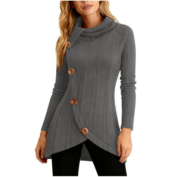 Womens Sweater Tunic Tops, Long Sleeve Pullover for Women Fall Winter Fashion Solid Color Side Slit Mock Neck Sweaters with Buttons