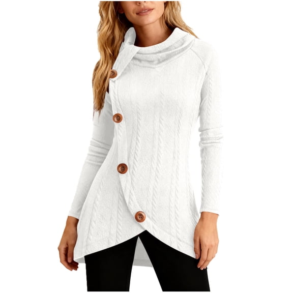 Womens Sweater Tunic Tops, Long Sleeve Pullover for Women Fall Winter Fashion Solid Color Side Slit Mock Neck Sweaters with Buttons