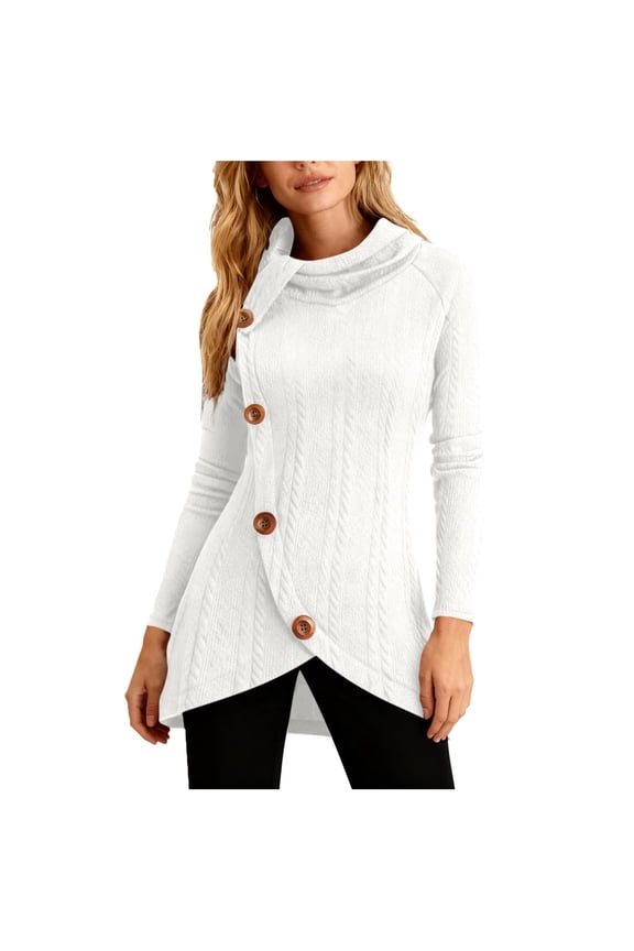 Womens Sweater Tunic Tops, Long Sleeve Pullover for Women Fall Winter Fashion Solid Color Side Slit Mock Neck Sweaters with Buttons
