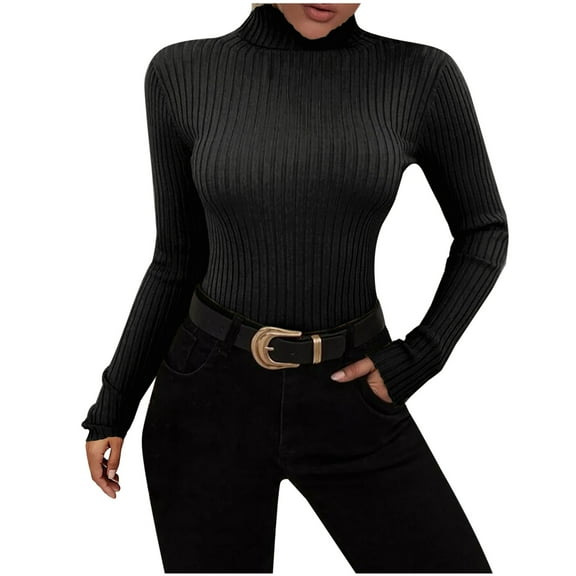 Womens Sweater Turtleneck Ribbed Knit Basic Pullover Sweater Slim Long Sleeve Soft Solid Color Tops Blouse Casual Basic Rib Tops