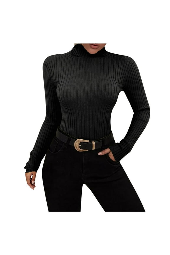 Womens Sweater Turtleneck Ribbed Knit Basic Pullover Sweater Slim Long Sleeve Soft Solid Color Tops Blouse Casual Basic Rib Tops