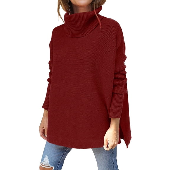 Womens Sweater Turtleneck Ribbed Knit Batwing Sleeve Spilt Hem Tunic Oversized Pullover Tops
