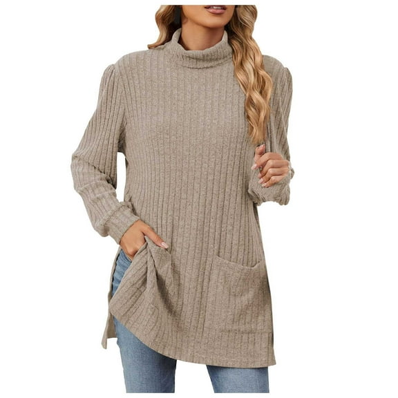 Womens Sweater Turtleneck Side Split Ribbed Knit Solid Long Sleeve Tunic With Pocket Warm Sweaters
