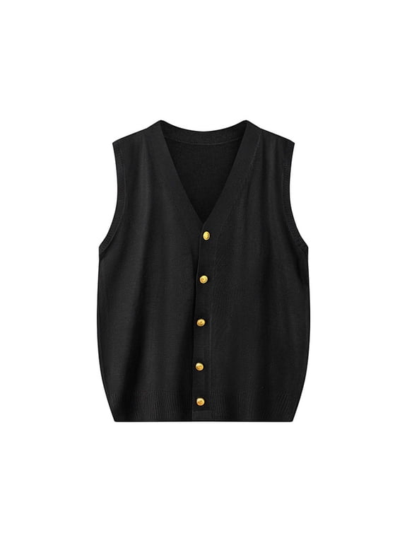 Womens Sweater Vest Button Down Sleeveless Soft Casual V Neck Knitwear Tops Waistcoat Solid Color Knitted Jacket (One Size, Black)