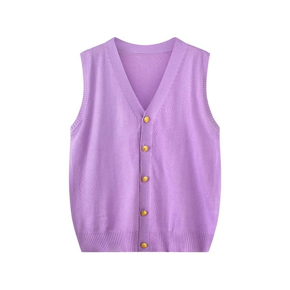 Womens Sweater Vest Button Down Sleeveless Soft Casual V Neck Knitwear Tops Waistcoat Solid Color Knitted Jacket (One Size, Purple)