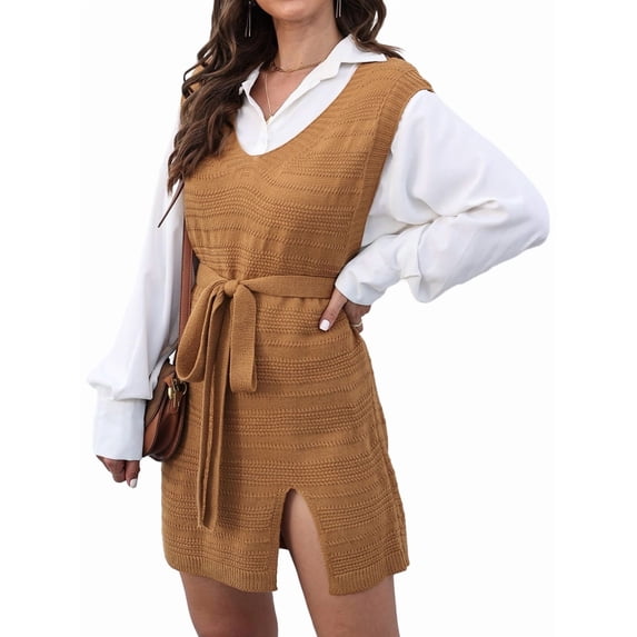 Womens Sweater Vest Dress Pattern Knitted Pullovers Sweaters V Neck Tie Waist Tank Sweater Dress Brown L