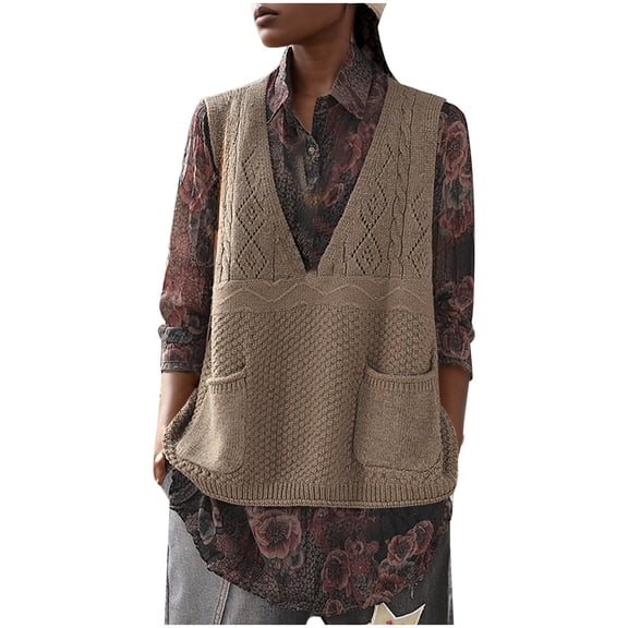 Womens Sweater Vest Oversized Trendy Knit Top for Office Wear Loose Vest Plus Size Ethnic Retro Style Pocket V Neck Knitted Vest Women's Spring And Autumn 2024