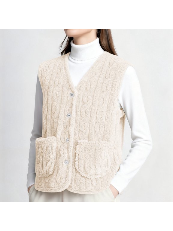 Womens Sweater Vest Sherpa Sleeveless Open Front Jacket Cable Knit Vest (Beige XL)