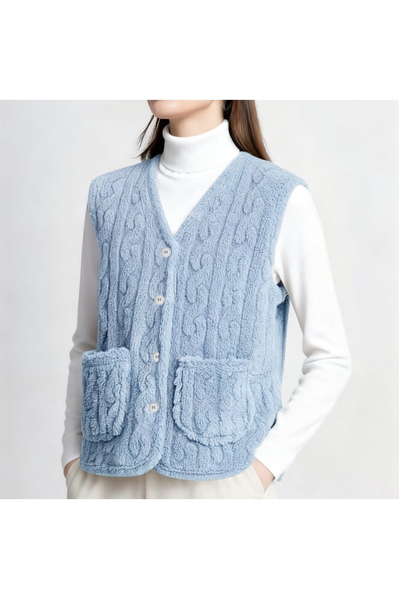 Womens Sweater Vest Sherpa Fleece Sleeveless Open Front Jacket Cable Knit Vest (Sky Blue M)