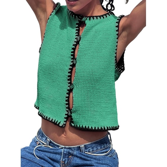 Womens Sweater Vest Sleeveless Button Down Tank Tops Spring Summer Cropped Cardigan 2025 Knit Top Green L