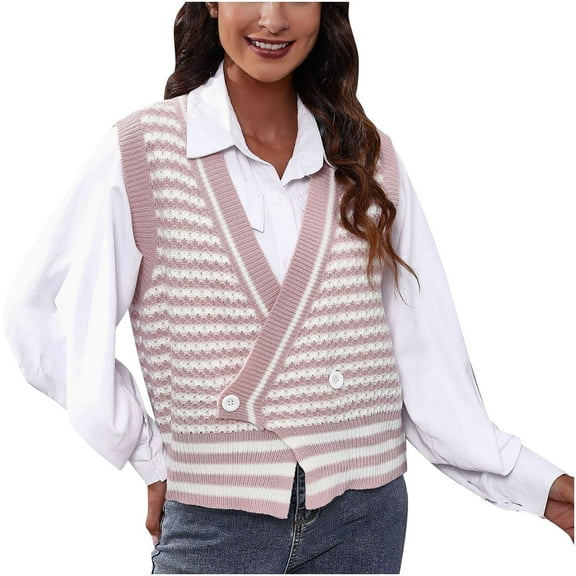 Womens Sweater Vest Striped Cross Front Sleeveless Knit Cardigan Button Up V Neck Waistcoat Jacket Going Out Outwear, Pink, M
