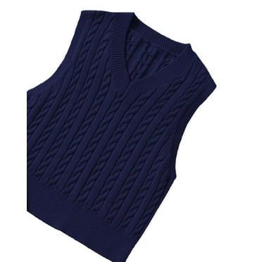 Womens Sweater Vests Casual Plain V neck Navy Blue L
