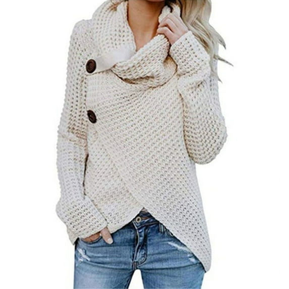 Womens Sweater Warm Cable Knitted Loose Button Wrap Pullovers Tops
