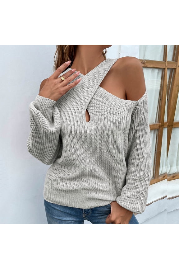 Womens Sweater Women Casual Solid Crochet Sweater Cross Strap Neck Pullover Loose Long Sleeve Cold Shoulder Top