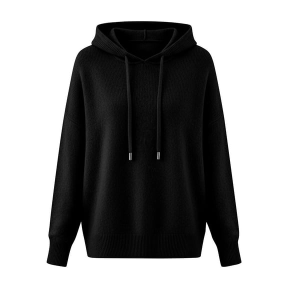 Womens Sweater with Pullovers,Winter Casual Knitting Hoodie Fashion Sweater,Fall Drawstring Thick Sweater Black M