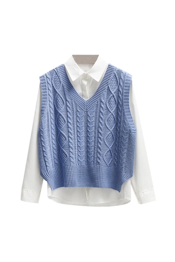 Womens Sweaters 2 Pieces Textured Sleeveless V Neck Vest Knit Sweaters Long Sleeve Button Down Shirts Set Solid Color Cozy Sweaters for Women Blue XXL