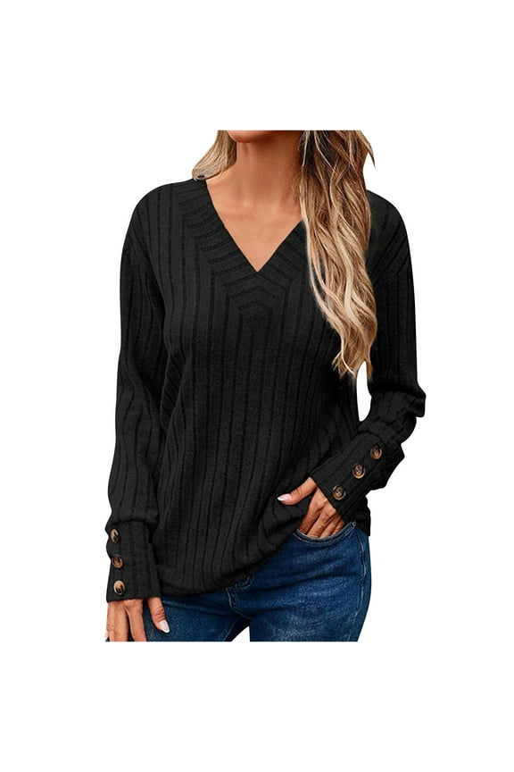 Womens Sweaters 2025 Casual Long Sleeve V Neck Cotton Button Up Fall Winter Loose Fitting Solid Color Pullover Tops,Black 1,XL