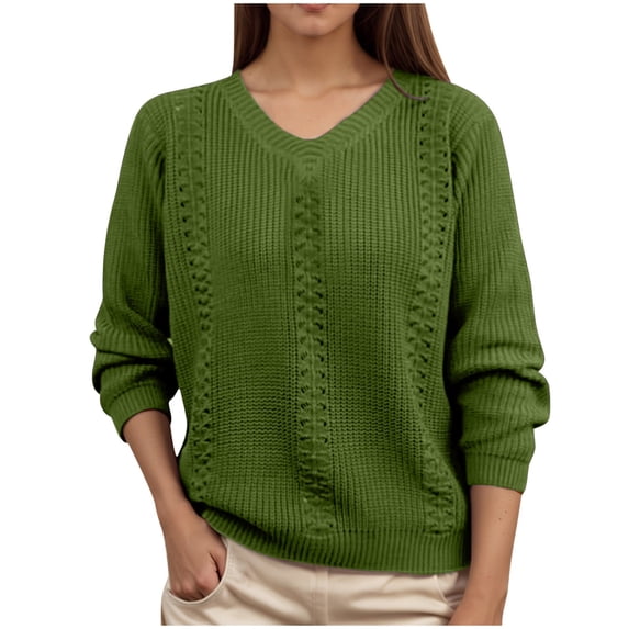 Womens Sweaters 2026 Fall Casual V Neck Long Sleeve Lightweight Loose Hollow Knit Pullover Sweater Tops (M, Green)