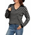 thumbnail image 1 of Womens Sweaters 2025 V Neck Long Sleeve Striped Tops Fall Winter Comfy Knit Clothes Pullover Sweater Black & White L, 1 of 7