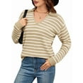 thumbnail image 1 of Womens Sweaters 2025 V Neck Long Sleeve Striped Tops Fall Winter Comfy Knit Clothes Pullover Sweater Brown & White S, 1 of 8