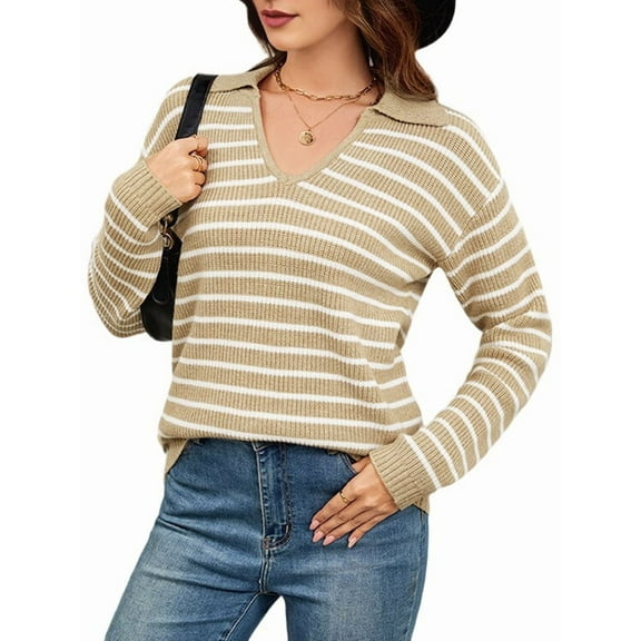Womens Sweaters 2025 V Neck Long Sleeve Striped Tops Fall Winter Comfy Knit Clothes Pullover Sweater Brown & White S