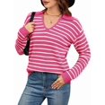 thumbnail image 1 of Womens Sweaters 2025 V Neck Long Sleeve Striped Tops Fall Winter Comfy Knit Clothes Pullover Sweater Pink & White M, 1 of 7