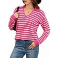thumbnail image 1 of Womens Sweaters 2025 V Neck Long Sleeve Striped Tops Fall Winter Comfy Knit Clothes Pullover Sweater Pink & White XL, 1 of 7
